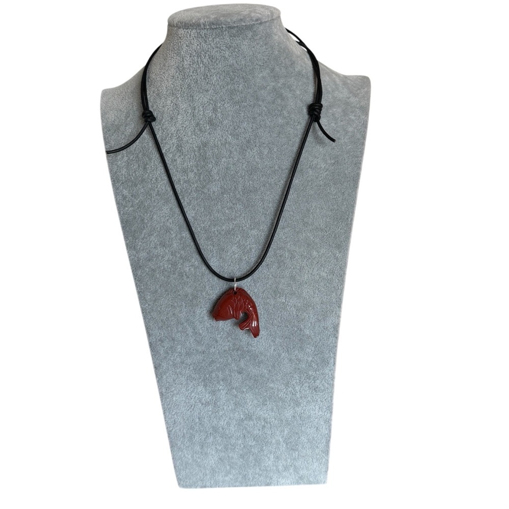 Artisan Red Agate Gemstone Fish Charm Pendant on Black Leather Necklace NEW